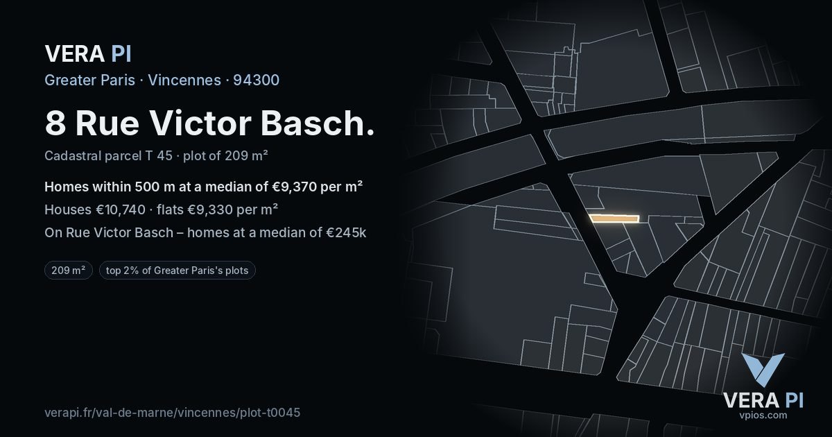 8 Rue Victor Basch, Vincennes at night – the plot lit, the parcels around coloured by the prices near them