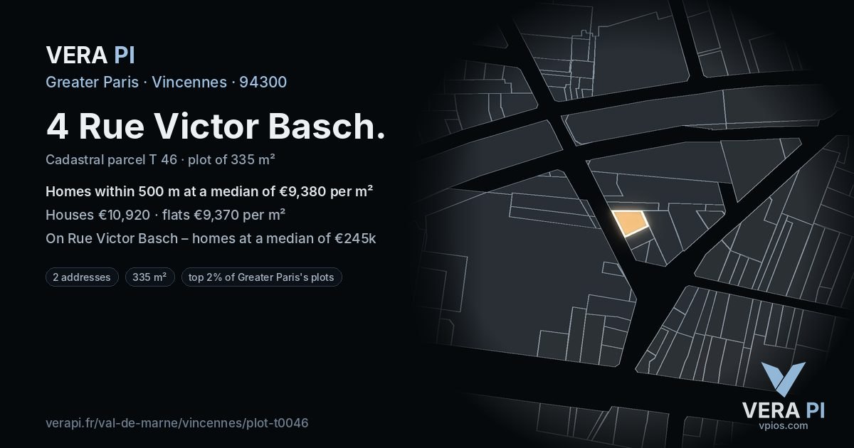 4 Rue Victor Basch, Vincennes at night – the plot lit, the parcels around coloured by the prices near them