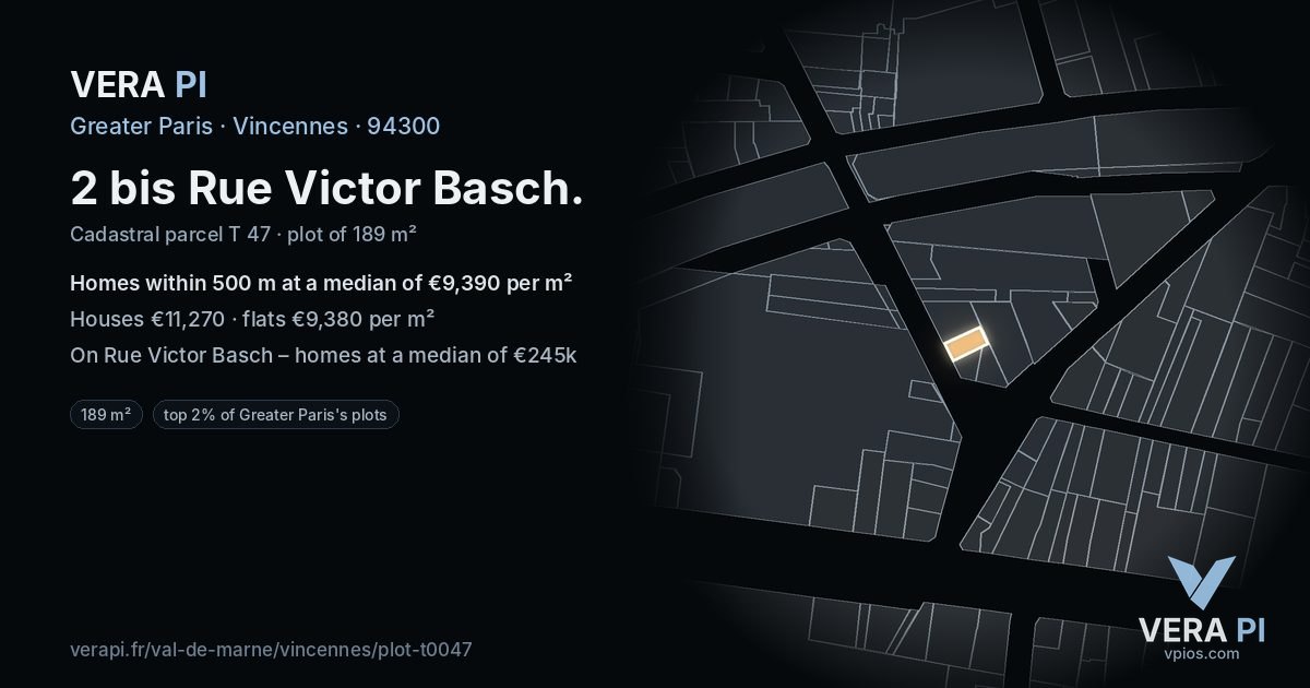 2 bis Rue Victor Basch, Vincennes at night – the plot lit, the parcels around coloured by the prices near them