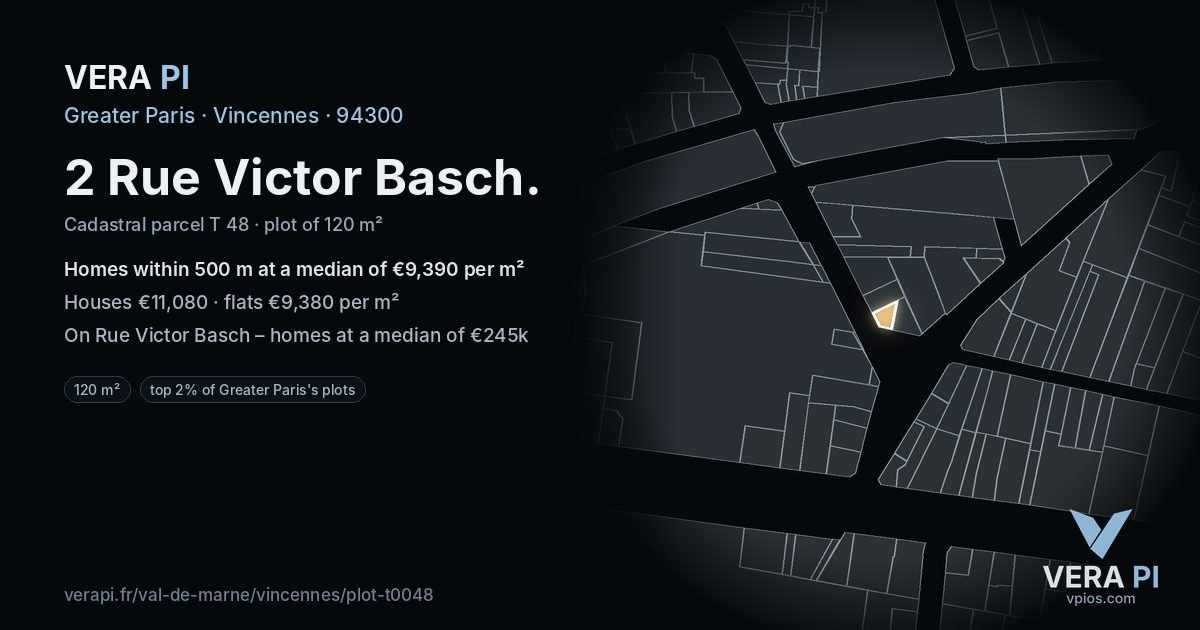 2 Rue Victor Basch, Vincennes at night – the plot lit, the parcels around coloured by the prices near them