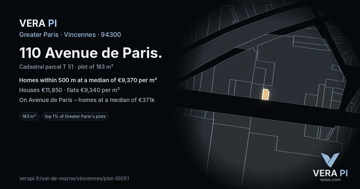 110 Avenue de Paris, Vincennes at night – the plot lit, the parcels around coloured by the prices near them