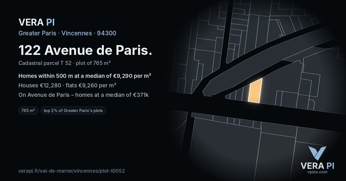 122 Avenue de Paris, Vincennes at night – the plot lit, the parcels around coloured by the prices near them