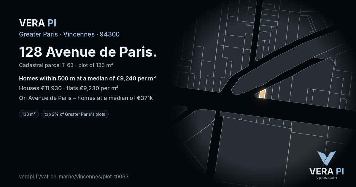 128 Avenue de Paris, Vincennes at night – the plot lit, the parcels around coloured by the prices near them