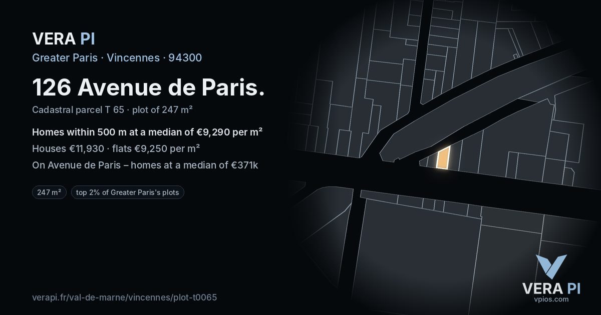 126 Avenue de Paris, Vincennes at night – the plot lit, the parcels around coloured by the prices near them