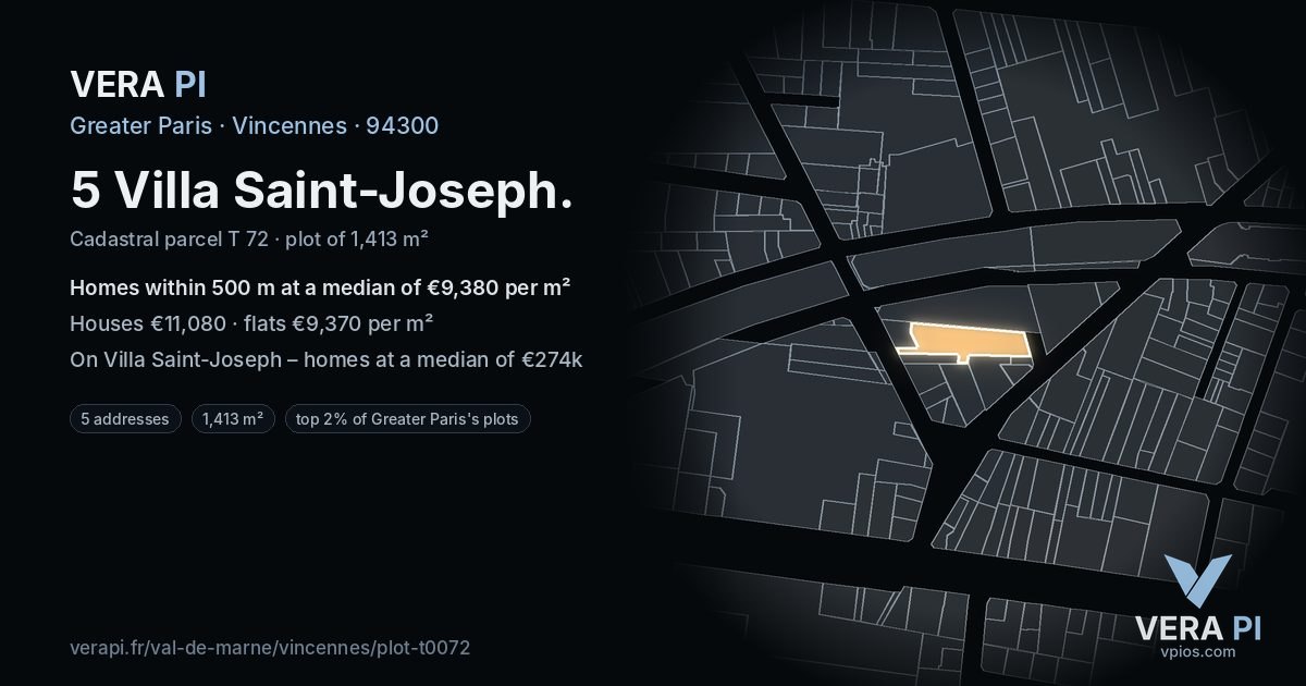 5 Villa Saint-Joseph, Vincennes at night – the plot lit, the parcels around coloured by the prices near them