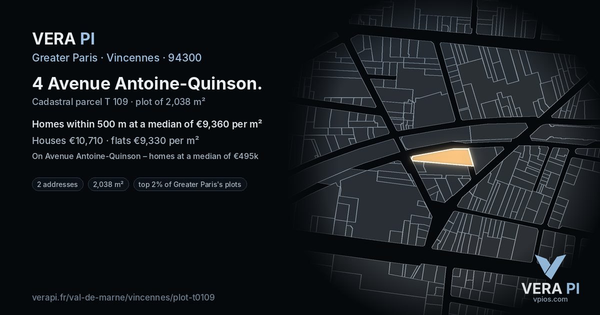 4 Avenue Antoine-Quinson, Vincennes at night – the plot lit, the parcels around coloured by the prices near them