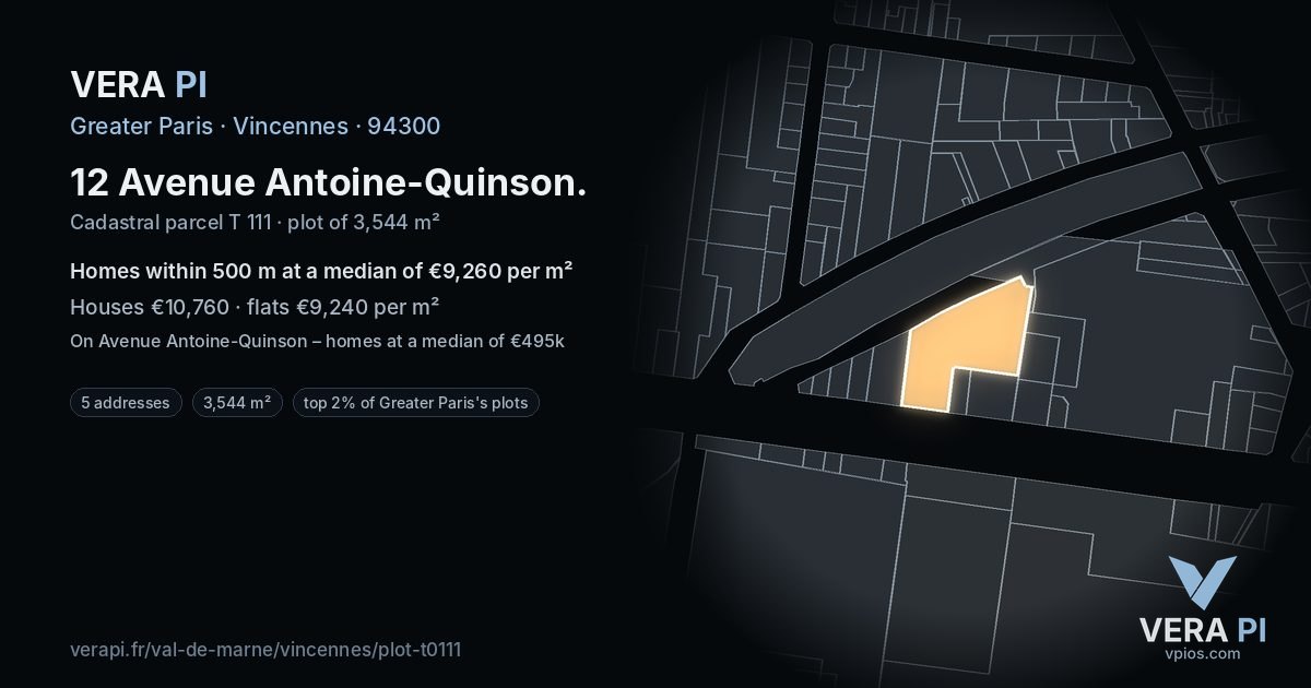 12 Avenue Antoine-Quinson, Vincennes at night – the plot lit, the parcels around coloured by the prices near them