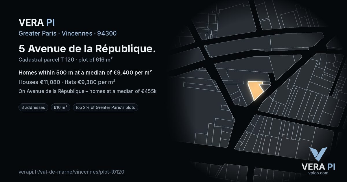 5 Avenue de la République, Vincennes at night – the plot lit, the parcels around coloured by the prices near them