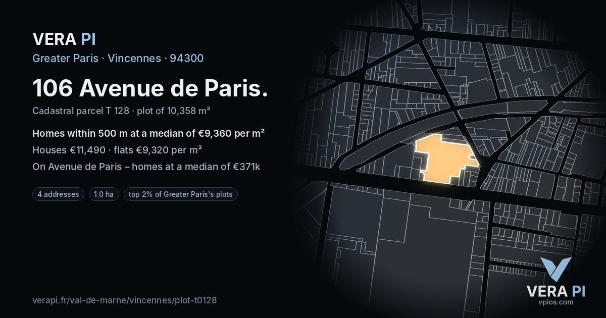 106 Avenue de Paris, Vincennes at night – the plot lit, the parcels around coloured by the prices near them