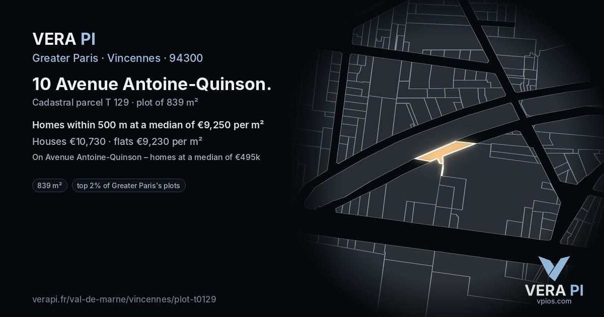 10 Avenue Antoine-Quinson, Vincennes at night – the plot lit, the parcels around coloured by the prices near them