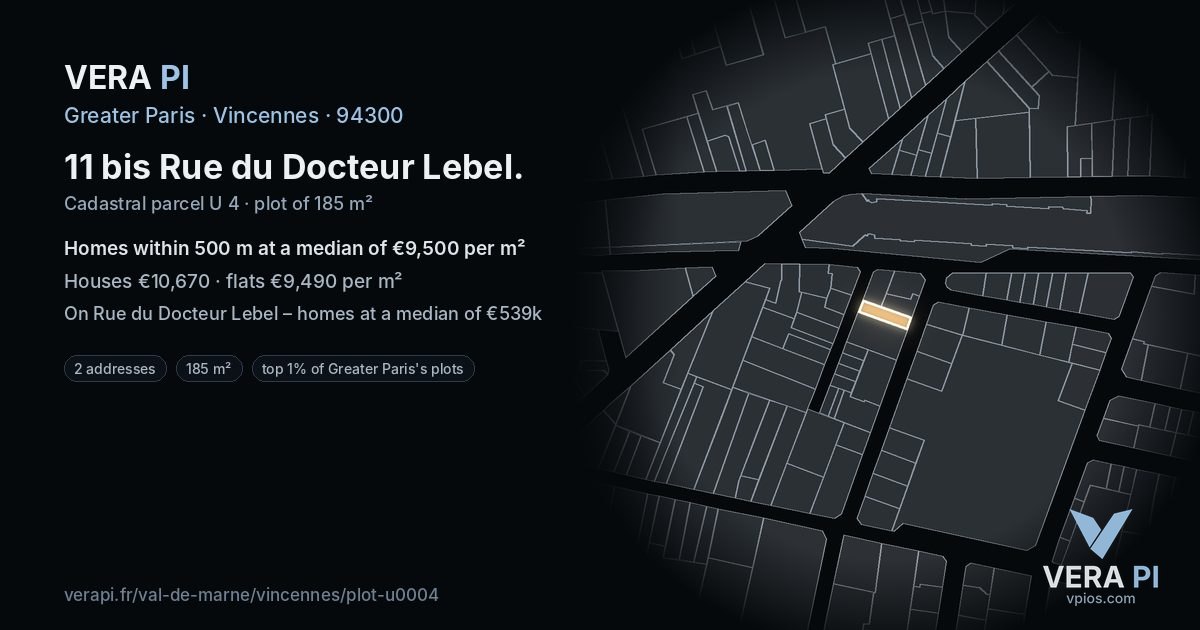 11 bis Rue du Docteur Lebel, Vincennes at night – the plot lit, the parcels around coloured by the prices near them