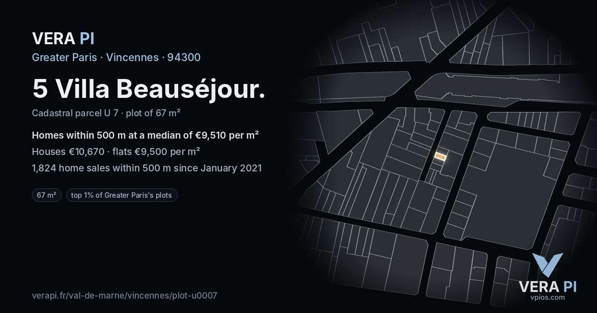 5 Villa Beauséjour, Vincennes at night – the plot lit, the parcels around coloured by the prices near them