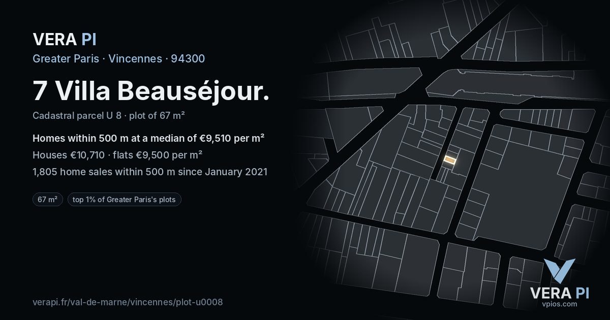 7 Villa Beauséjour, Vincennes at night – the plot lit, the parcels around coloured by the prices near them