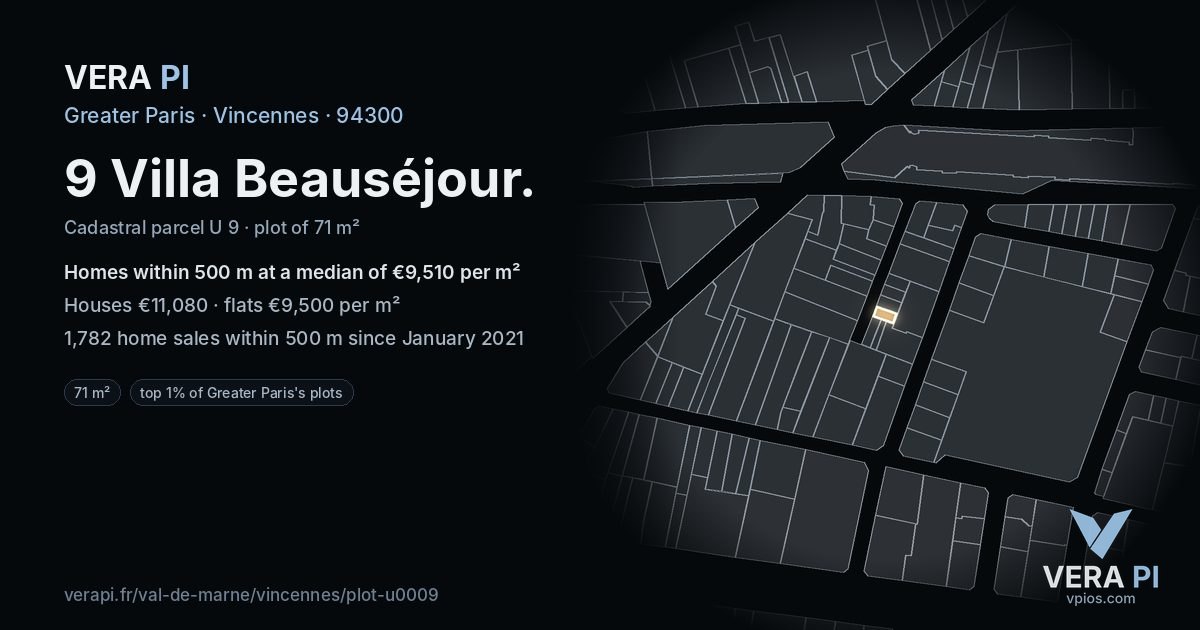 9 Villa Beauséjour, Vincennes at night – the plot lit, the parcels around coloured by the prices near them