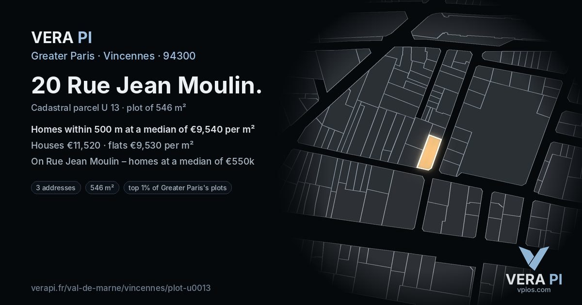 20 Rue Jean Moulin, Vincennes at night – the plot lit, the parcels around coloured by the prices near them