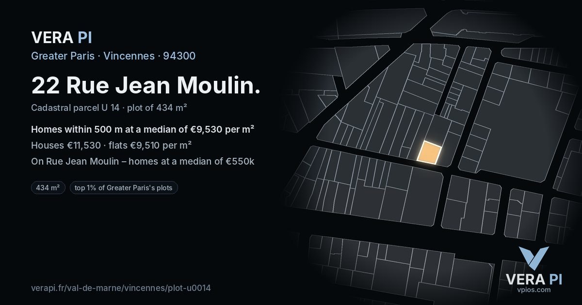 22 Rue Jean Moulin, Vincennes at night – the plot lit, the parcels around coloured by the prices near them