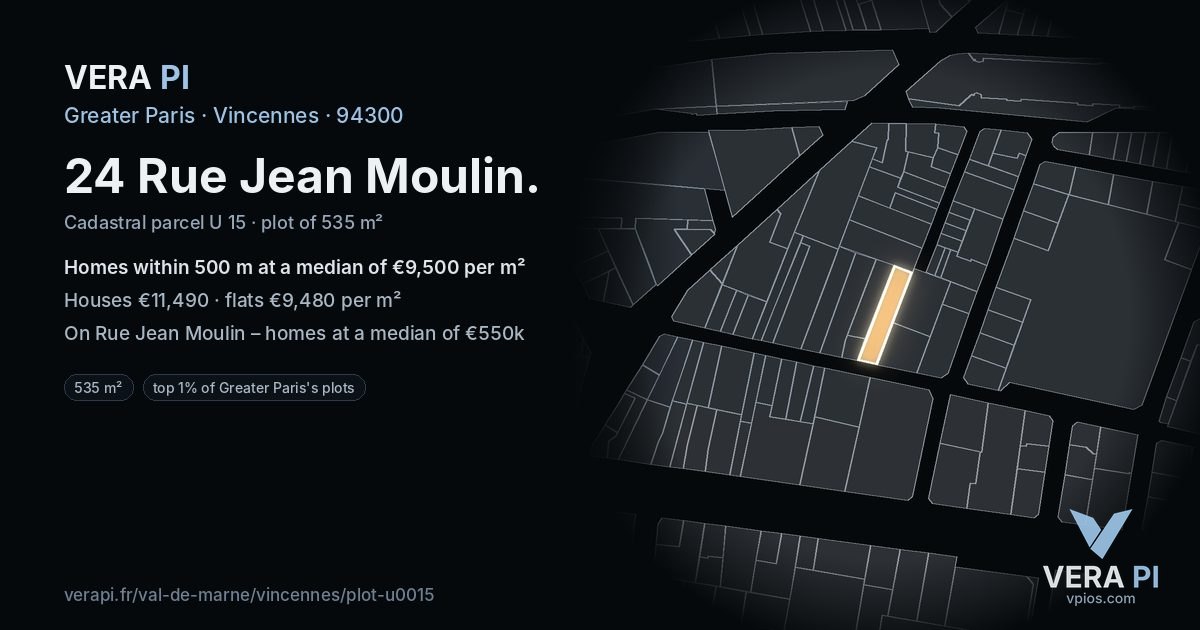 24 Rue Jean Moulin, Vincennes at night – the plot lit, the parcels around coloured by the prices near them
