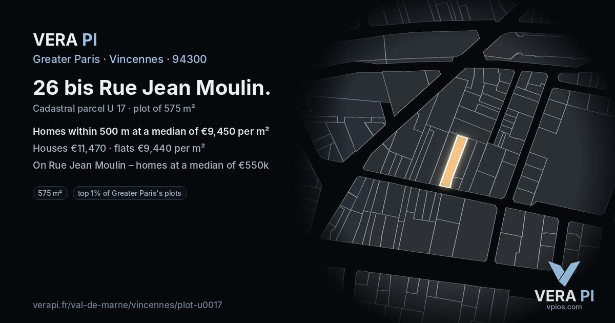 26 bis Rue Jean Moulin, Vincennes at night – the plot lit, the parcels around coloured by the prices near them
