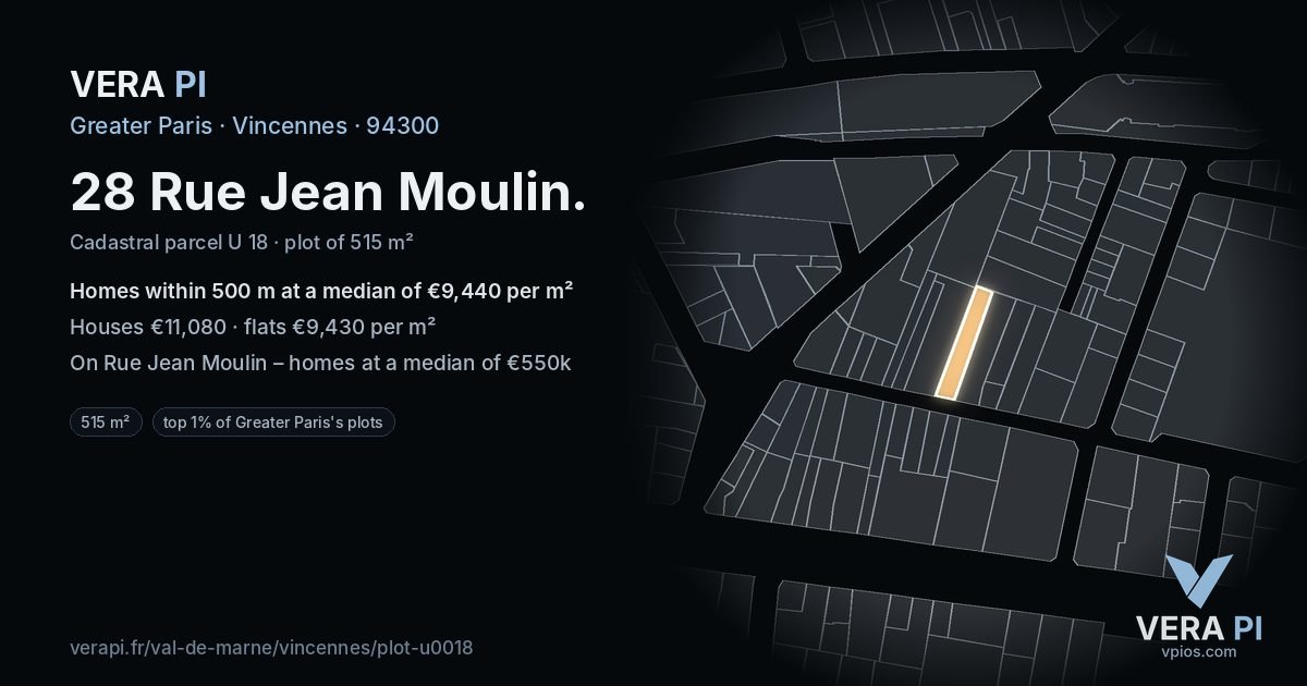 28 Rue Jean Moulin, Vincennes at night – the plot lit, the parcels around coloured by the prices near them