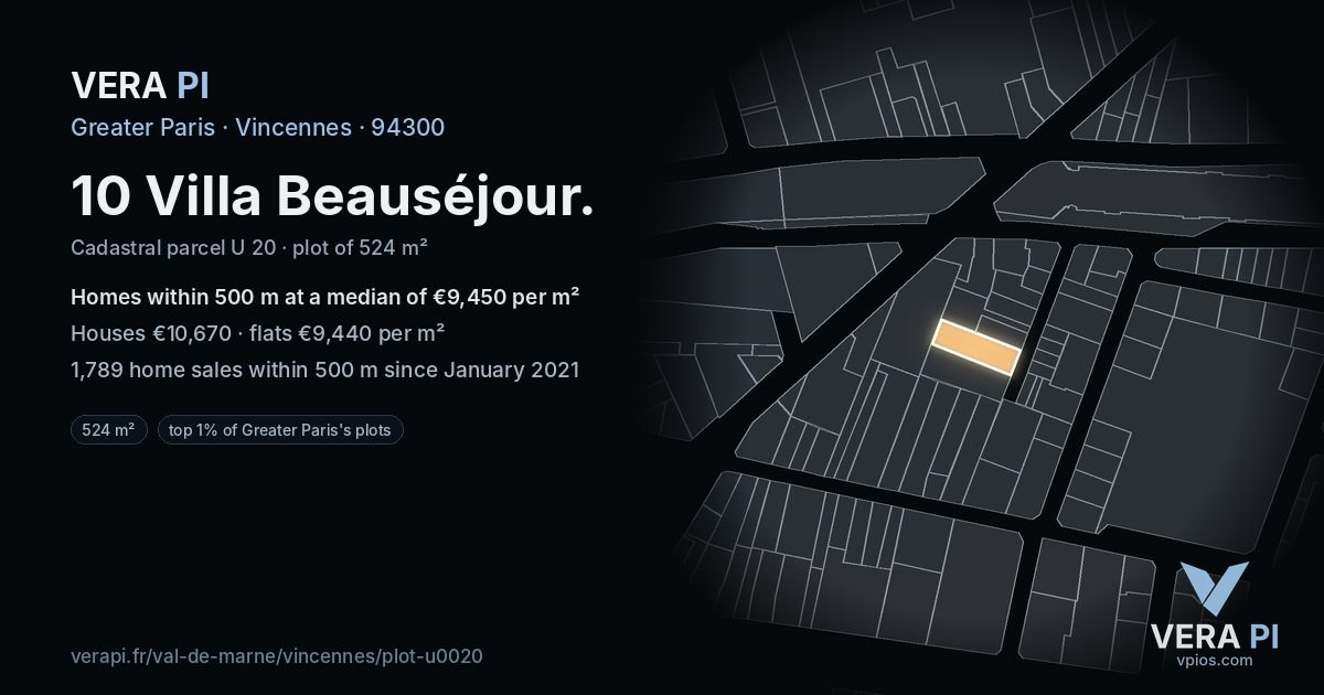 10 Villa Beauséjour, Vincennes at night – the plot lit, the parcels around coloured by the prices near them