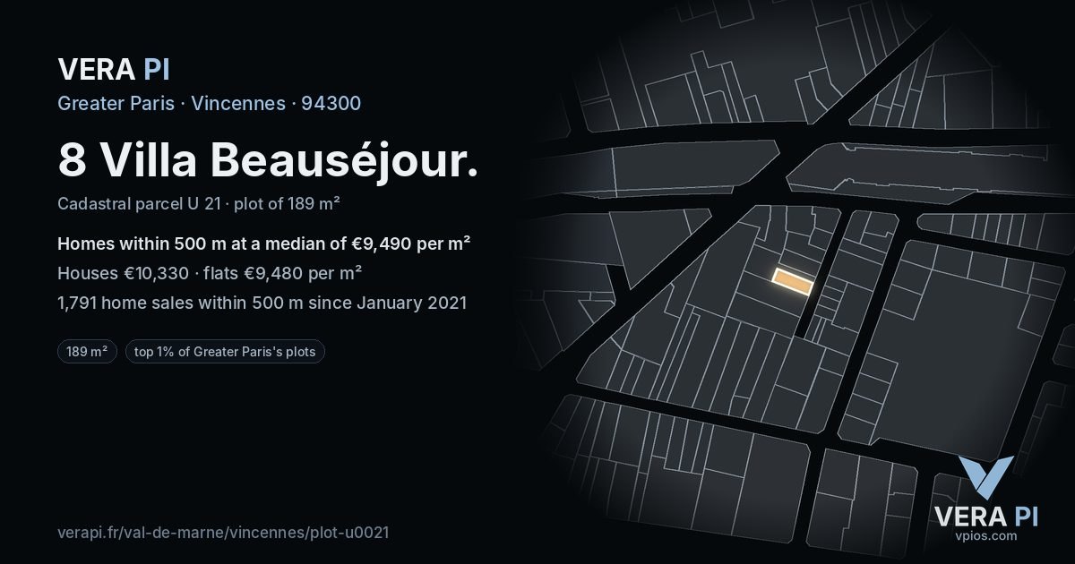 8 Villa Beauséjour, Vincennes at night – the plot lit, the parcels around coloured by the prices near them