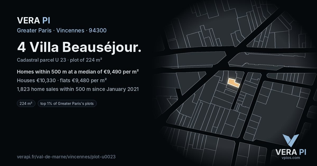 4 Villa Beauséjour, Vincennes at night – the plot lit, the parcels around coloured by the prices near them