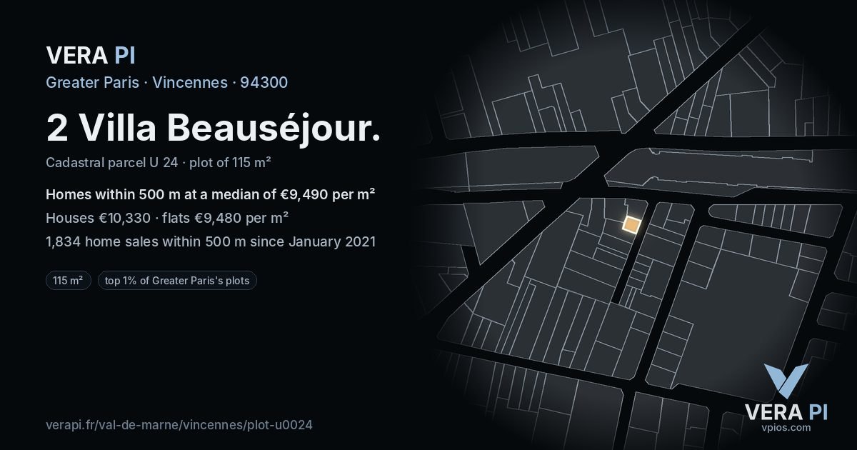 2 Villa Beauséjour, Vincennes at night – the plot lit, the parcels around coloured by the prices near them