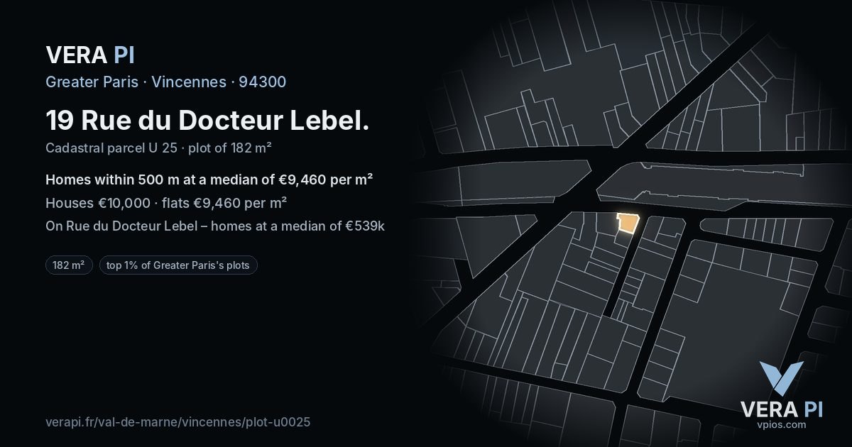 19 Rue du Docteur Lebel, Vincennes at night – the plot lit, the parcels around coloured by the prices near them