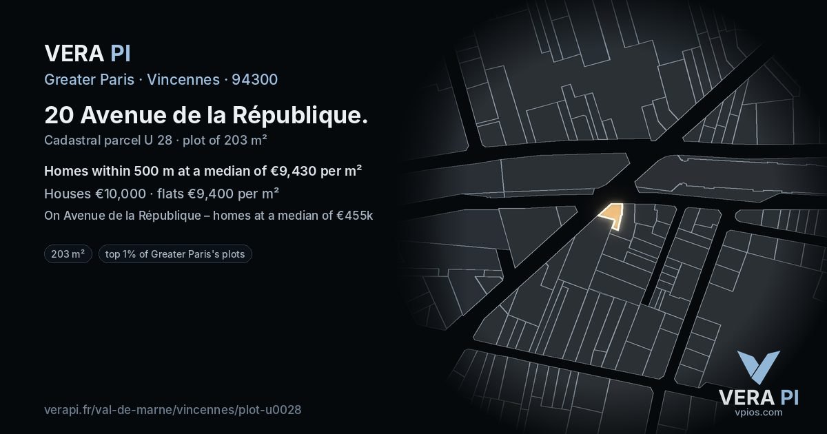 20 Avenue de la République, Vincennes at night – the plot lit, the parcels around coloured by the prices near them