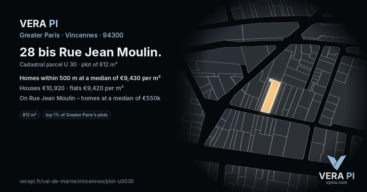 28 bis Rue Jean Moulin, Vincennes at night – the plot lit, the parcels around coloured by the prices near them
