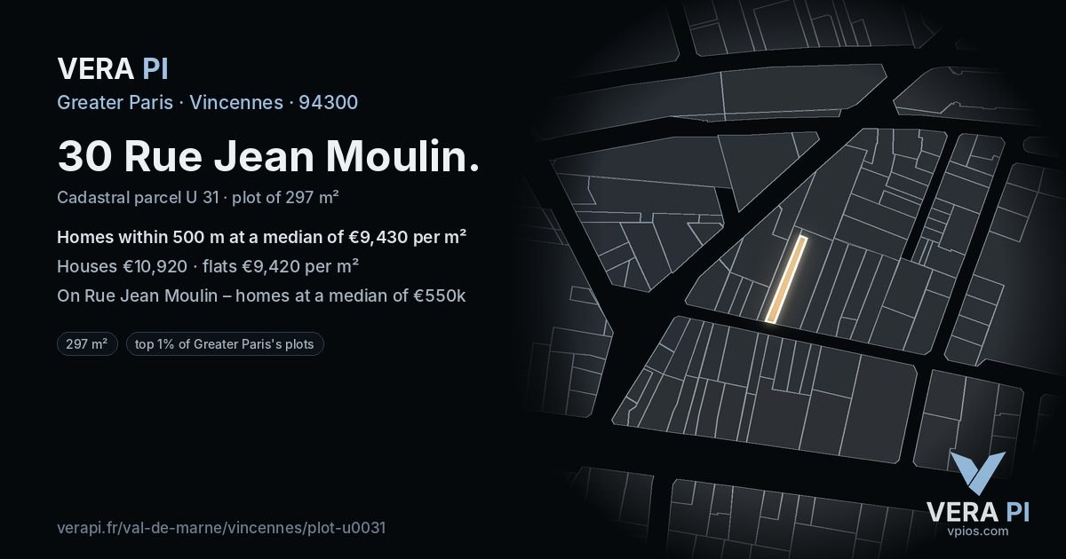 30 Rue Jean Moulin, Vincennes at night – the plot lit, the parcels around coloured by the prices near them