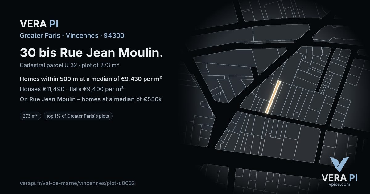 30 bis Rue Jean Moulin, Vincennes at night – the plot lit, the parcels around coloured by the prices near them
