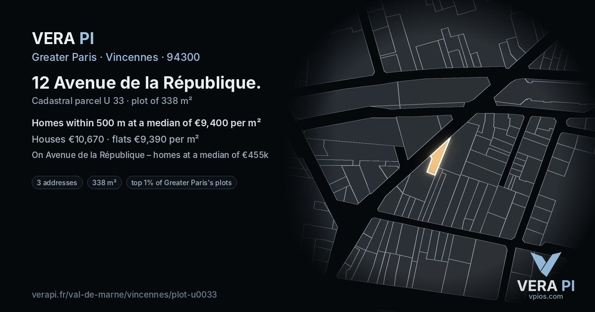 12 Avenue de la République, Vincennes at night – the plot lit, the parcels around coloured by the prices near them