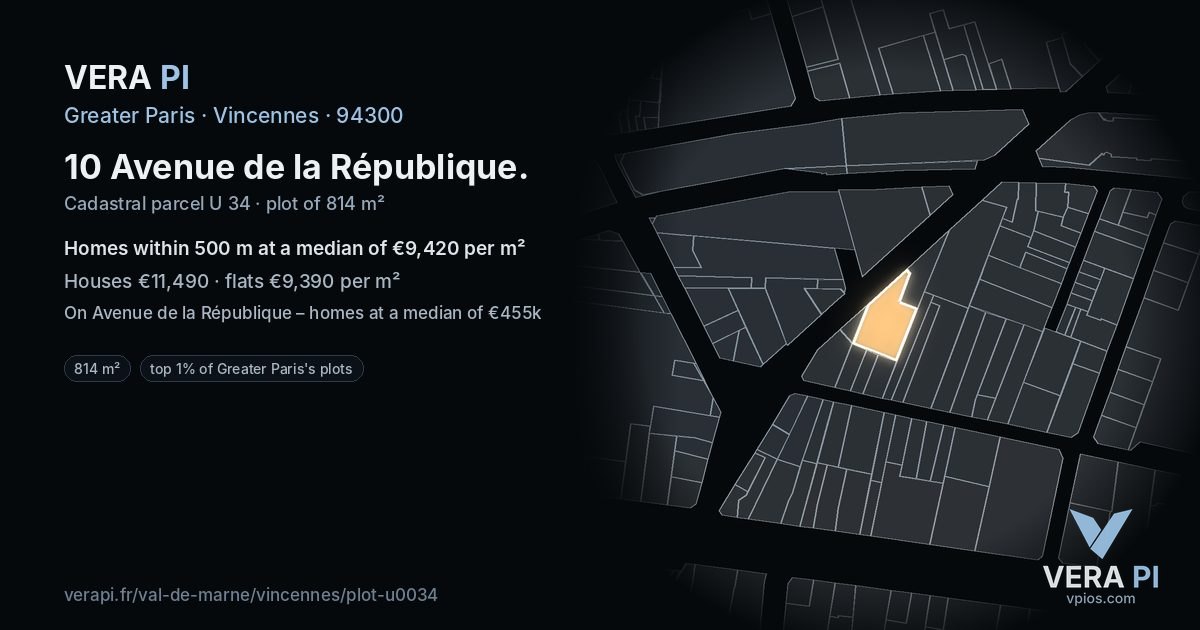10 Avenue de la République, Vincennes at night – the plot lit, the parcels around coloured by the prices near them