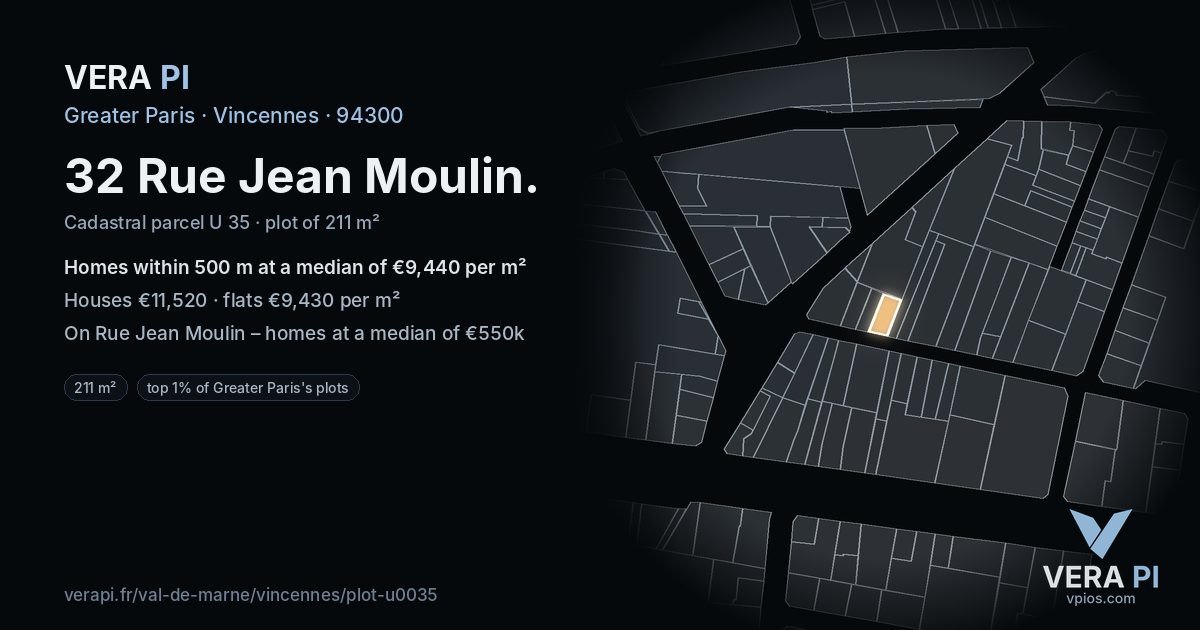 32 Rue Jean Moulin, Vincennes at night – the plot lit, the parcels around coloured by the prices near them