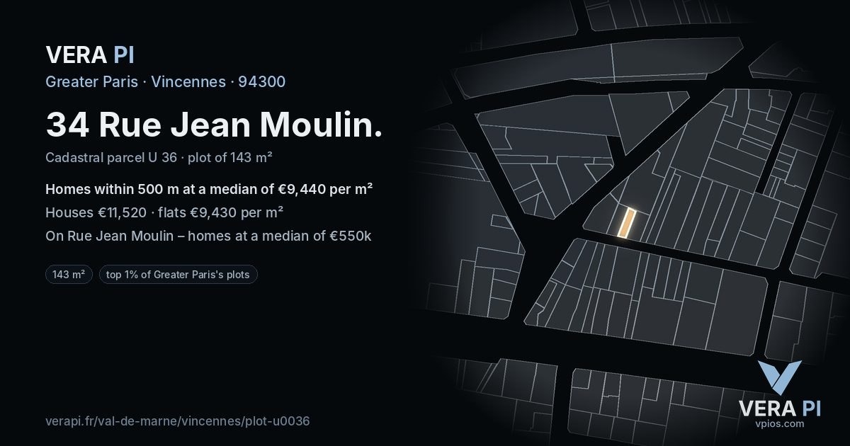 34 Rue Jean Moulin, Vincennes at night – the plot lit, the parcels around coloured by the prices near them