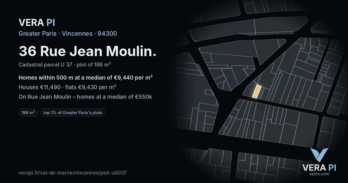 36 Rue Jean Moulin, Vincennes at night – the plot lit, the parcels around coloured by the prices near them