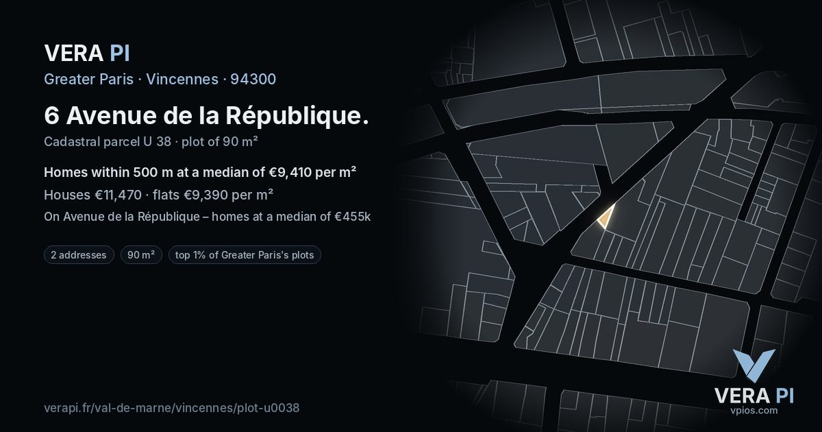 6 Avenue de la République, Vincennes at night – the plot lit, the parcels around coloured by the prices near them