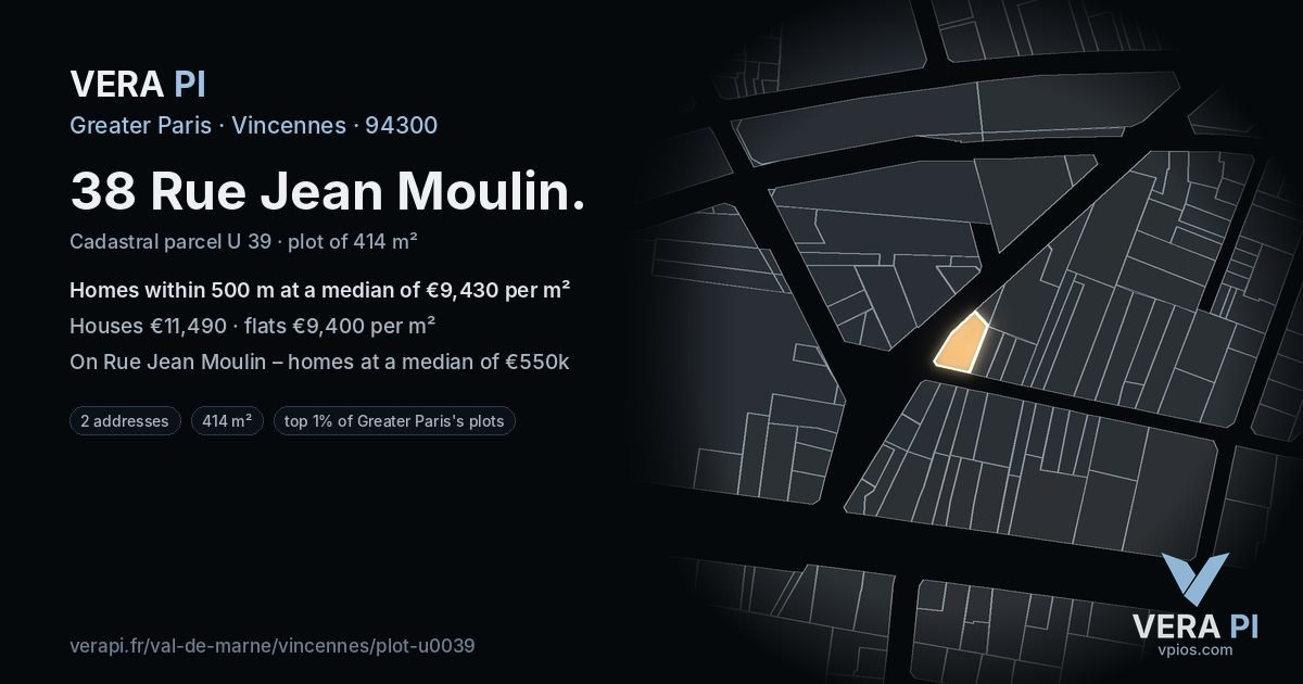 38 Rue Jean Moulin, Vincennes at night – the plot lit, the parcels around coloured by the prices near them
