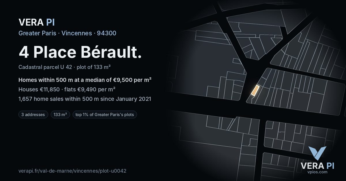 4 Place Bérault, Vincennes at night – the plot lit, the parcels around coloured by the prices near them