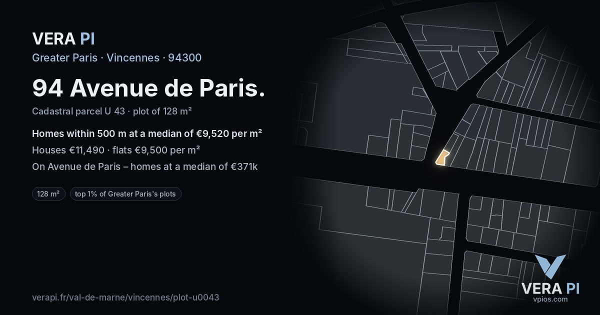 94 Avenue de Paris, Vincennes at night – the plot lit, the parcels around coloured by the prices near them