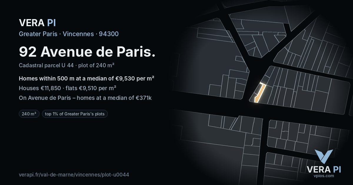92 Avenue de Paris, Vincennes at night – the plot lit, the parcels around coloured by the prices near them