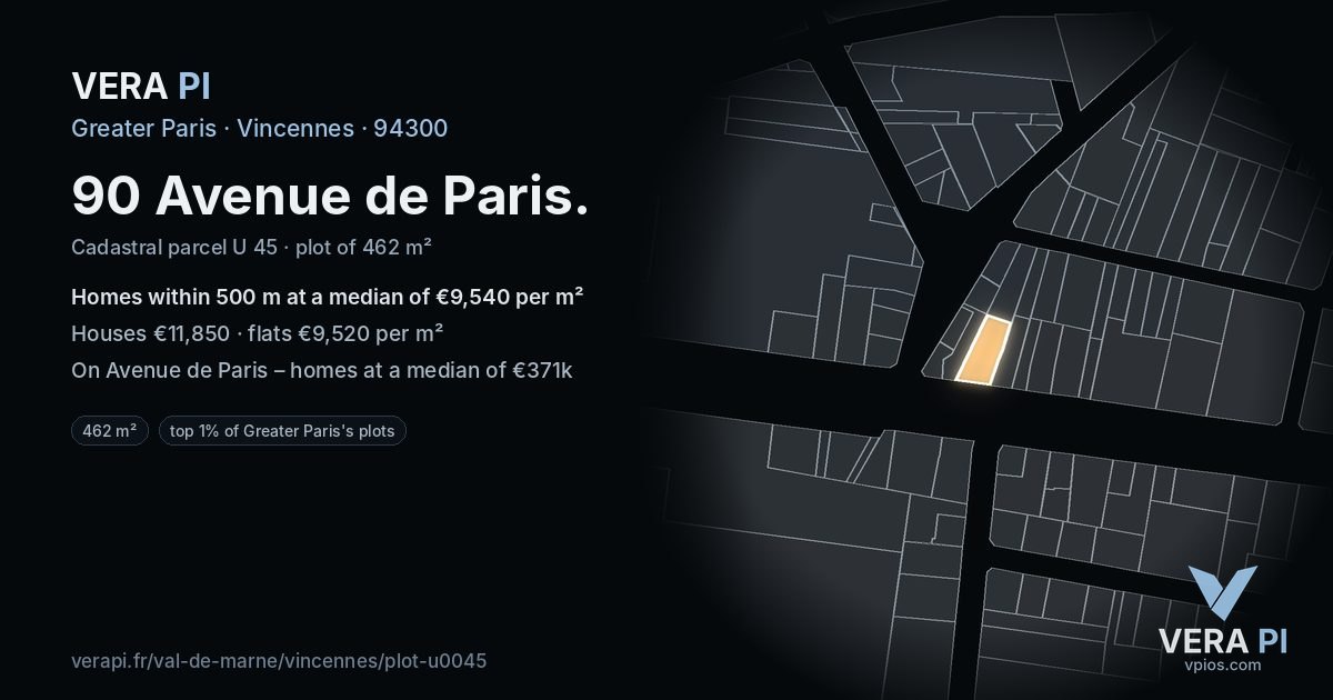90 Avenue de Paris, Vincennes at night – the plot lit, the parcels around coloured by the prices near them