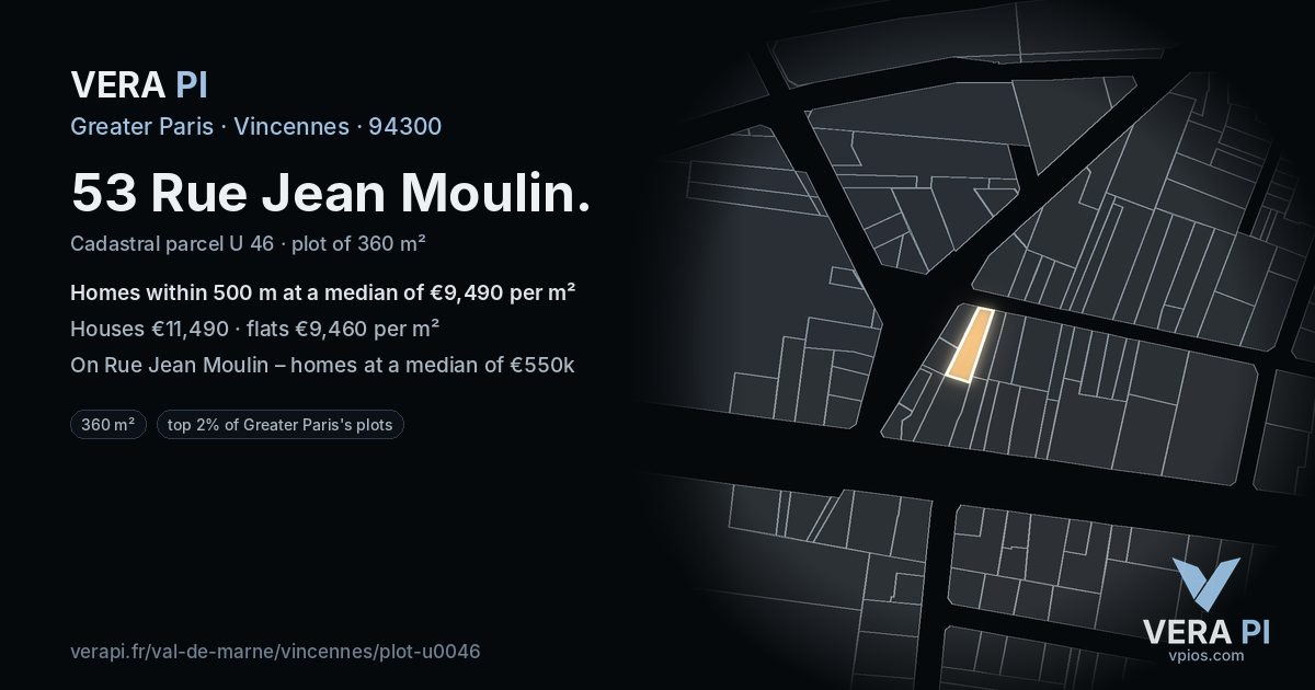53 Rue Jean Moulin, Vincennes at night – the plot lit, the parcels around coloured by the prices near them
