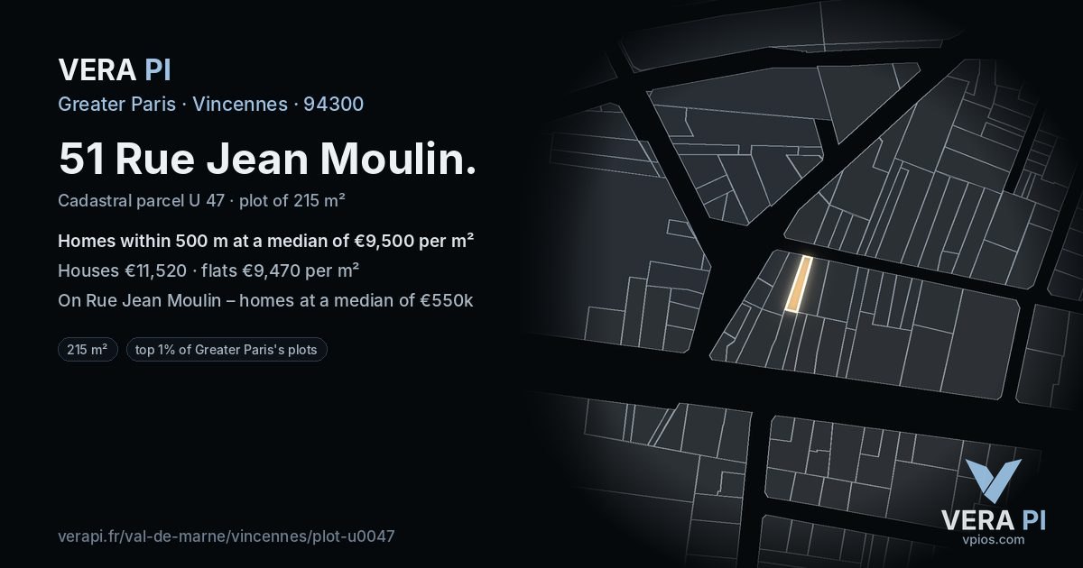 51 Rue Jean Moulin, Vincennes at night – the plot lit, the parcels around coloured by the prices near them