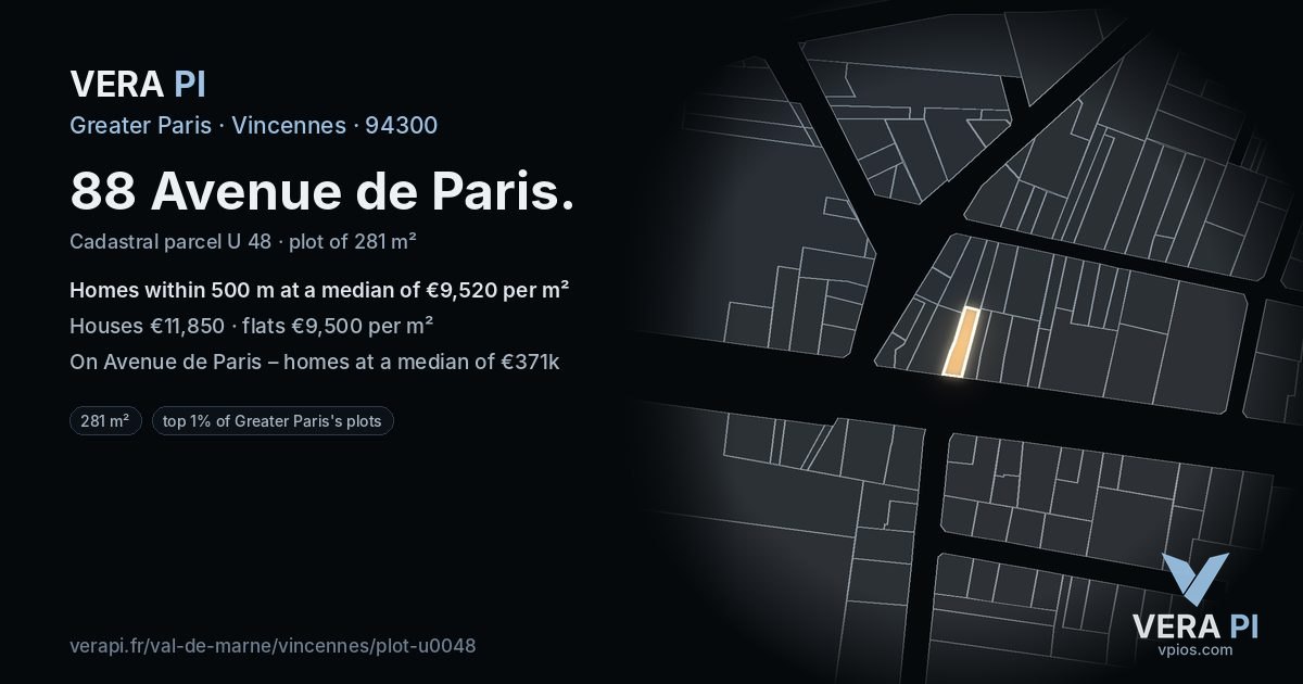 88 Avenue de Paris, Vincennes at night – the plot lit, the parcels around coloured by the prices near them