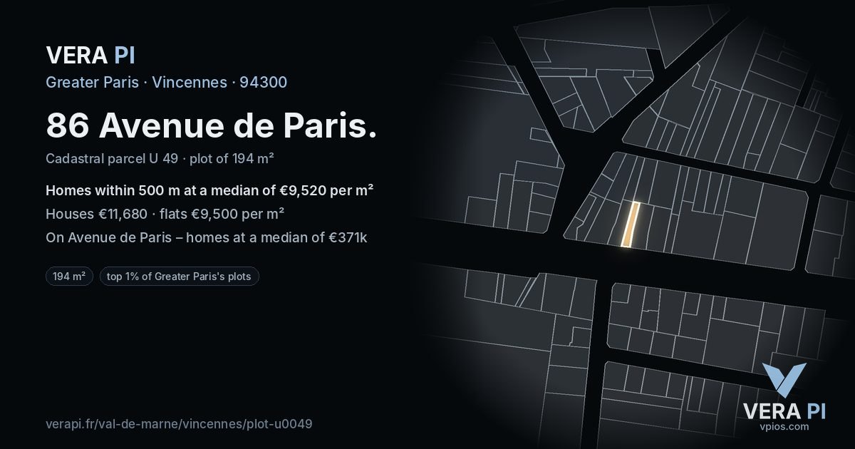 86 Avenue de Paris, Vincennes at night – the plot lit, the parcels around coloured by the prices near them