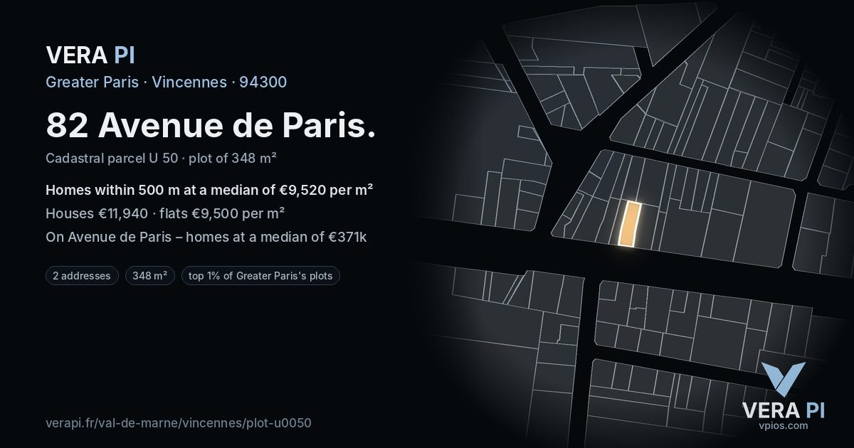 82 Avenue de Paris, Vincennes at night – the plot lit, the parcels around coloured by the prices near them