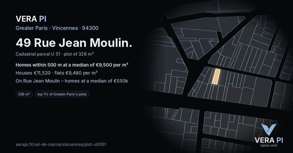 49 Rue Jean Moulin, Vincennes at night – the plot lit, the parcels around coloured by the prices near them