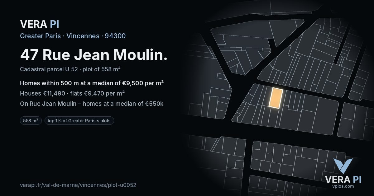 47 Rue Jean Moulin, Vincennes at night – the plot lit, the parcels around coloured by the prices near them